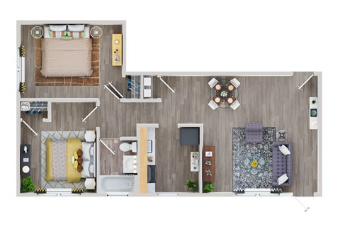 Floor plan for 2 beds, 1 bath, 758 sqft